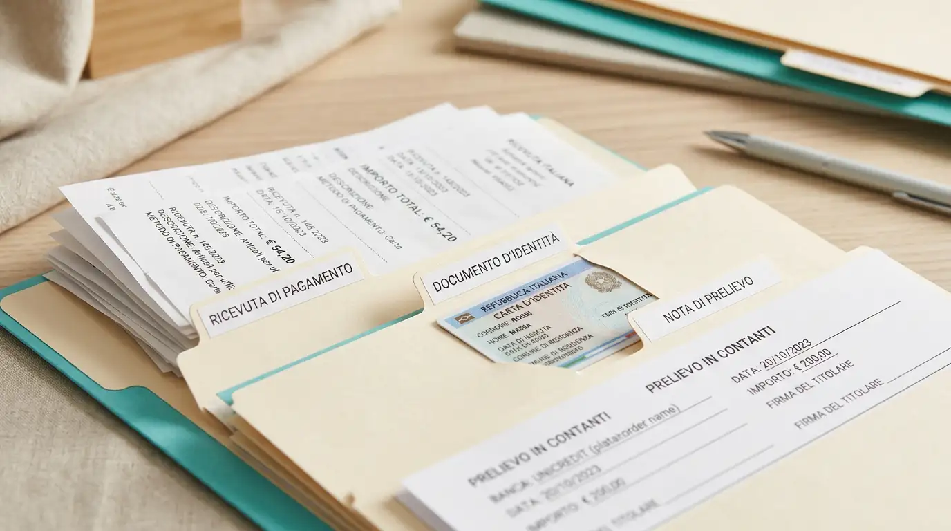 Documenti, ricevute e schermate di pagamento organizzati in cartelle chiare